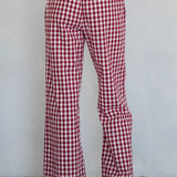 Back view of burgundy gingham cotton pants with relaxed silhouette