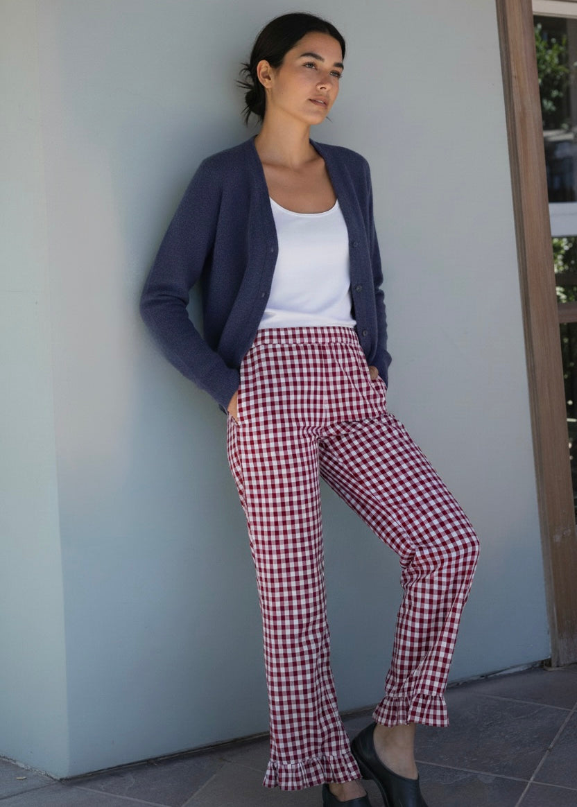 Woman wearing Gingham Ruffle Hem Cotton Pants - Burgundy