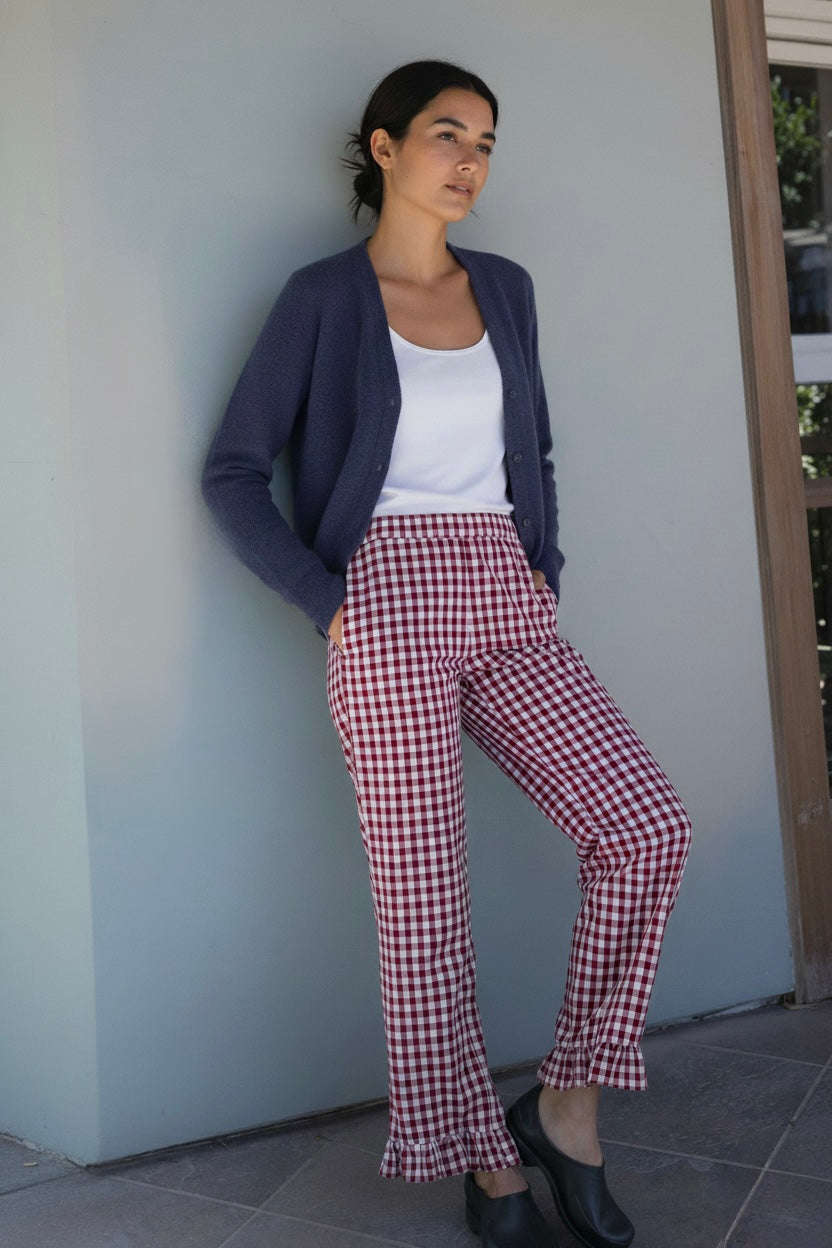 Woman wearing Gingham Ruffle Hem Cotton Pants - Burgundy