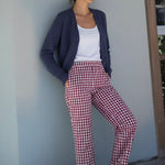 Woman wearing Gingham Ruffle Hem Cotton Pants - Burgundy