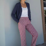 Woman wearing Gingham Ruffle Hem Cotton Pants - Burgundy