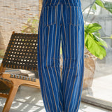 Back view of Good Luck Barrel Jeans in navy denim with white and brown vertical stripes and elastic back waistband.