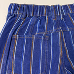 Close-up detail of Good Luck Barrel Jeans showing navy denim, brushed white and brown stripes, bck pockets
