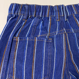 Close-up detail of Good Luck Barrel Jeans showing navy denim, brushed white and brown stripes, bck pockets