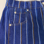 Close-up detail of Good Luck Barrel Jeans showing navy denim, brushed white and brown stripes, pockets, and button closure.