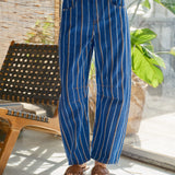 Good Luck Barrel Jeans in denim brown stripe, front view with mid-rise fit and relaxed barrel-leg silhouette.