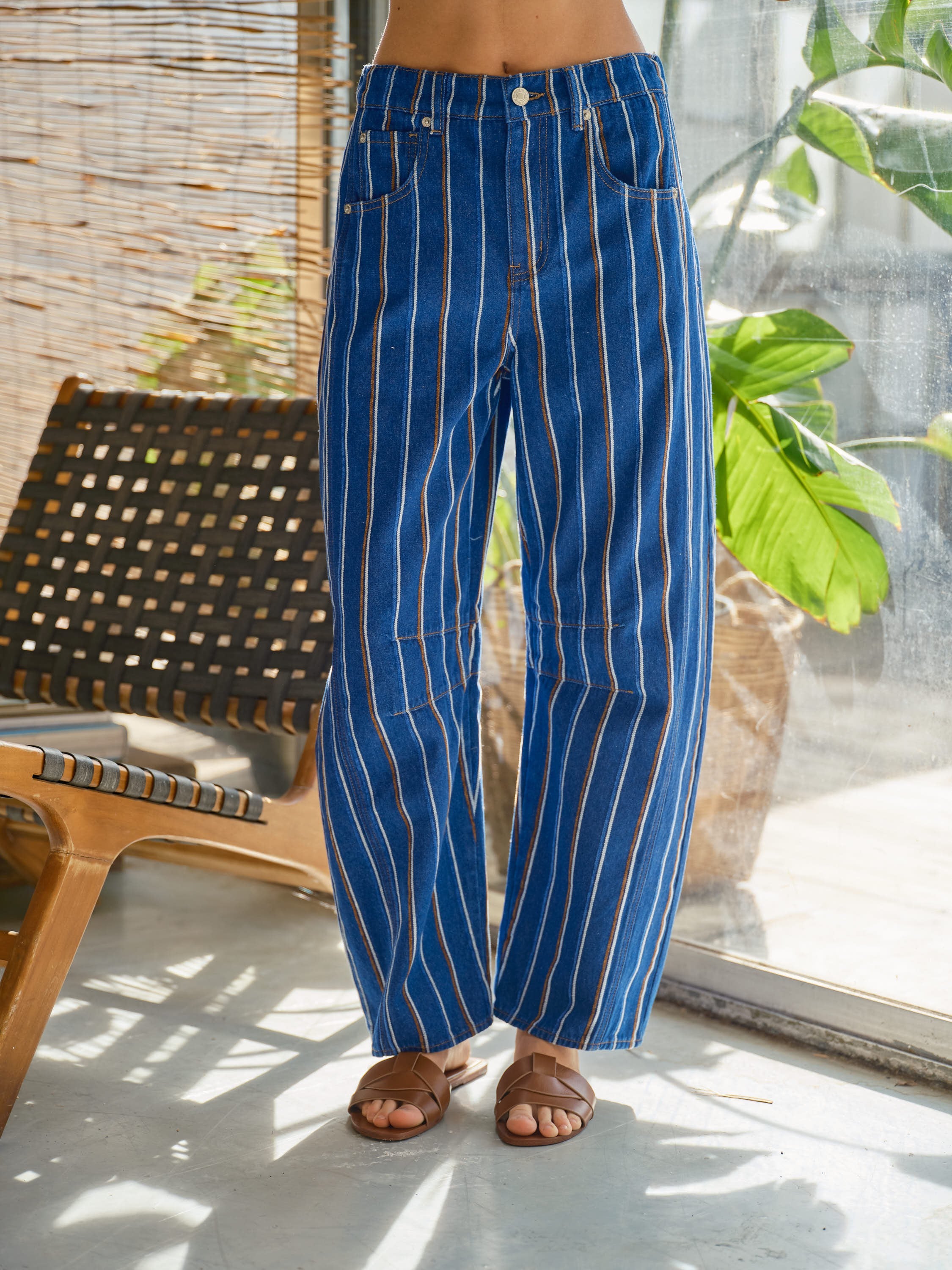 Good Luck Barrel Jeans in denim brown stripe, front view with mid-rise fit and relaxed barrel-leg silhouette.
