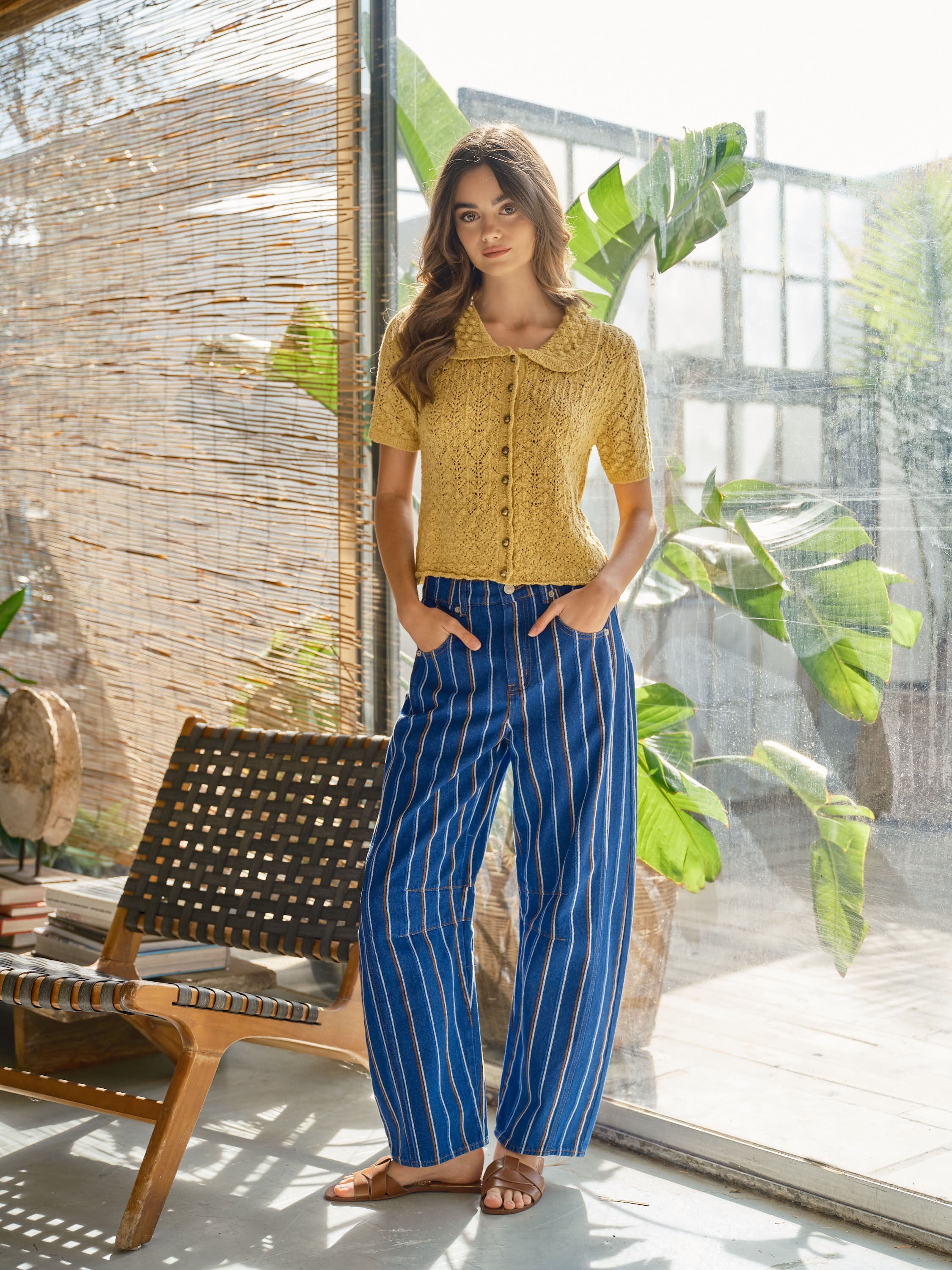 Front outfit view of Good Luck Barrel Jeans styled with a casual top for an easy everyday denim look.