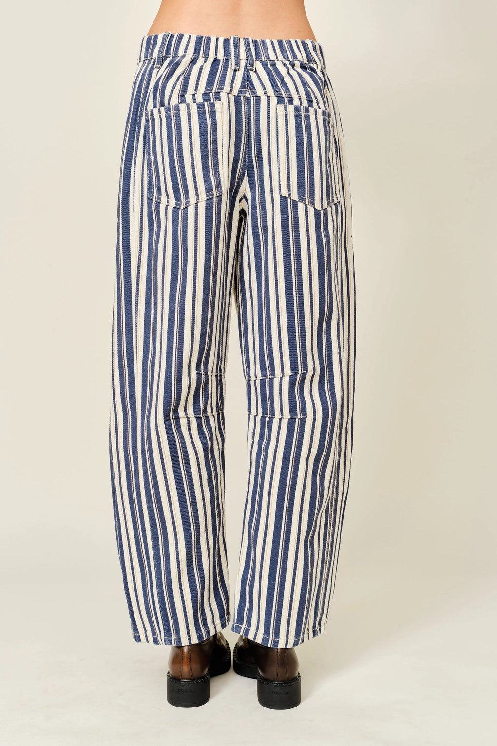 Good Luck Barrel Jeans in Navy Stripe, back view with pockets and barrel fit