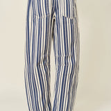 Good Luck Barrel Jeans in Navy Stripe, back view with pockets and barrel fit