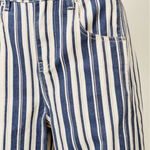 Close-up of Good Luck Barrel Jeans in Navy Stripe showing the striped cotton fabric and front details