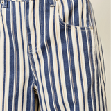 Close-up of Good Luck Barrel Jeans in Navy Stripe showing the striped cotton fabric and front details