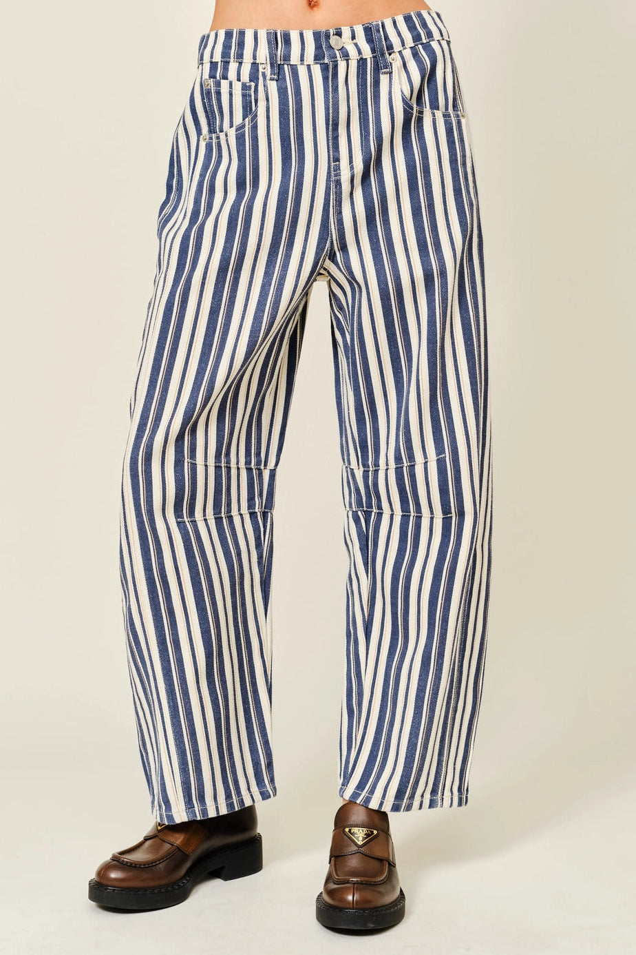 Good Luck Barrel Jeans in Navy Stripe, front view showing the relaxed barrel fit and vertical stripes