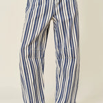 Good Luck Barrel Jeans in Navy Stripe, front view showing the relaxed barrel fit and vertical stripes