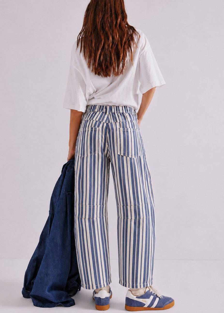 Good Luck Barrel Jeans in Navy Stripe styled in a full outfit, back view