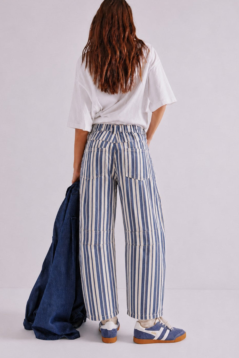 Good Luck Barrel Jeans in Navy Stripe styled in a full outfit, back view