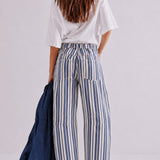 Good Luck Barrel Jeans in Navy Stripe styled in a full outfit, back view