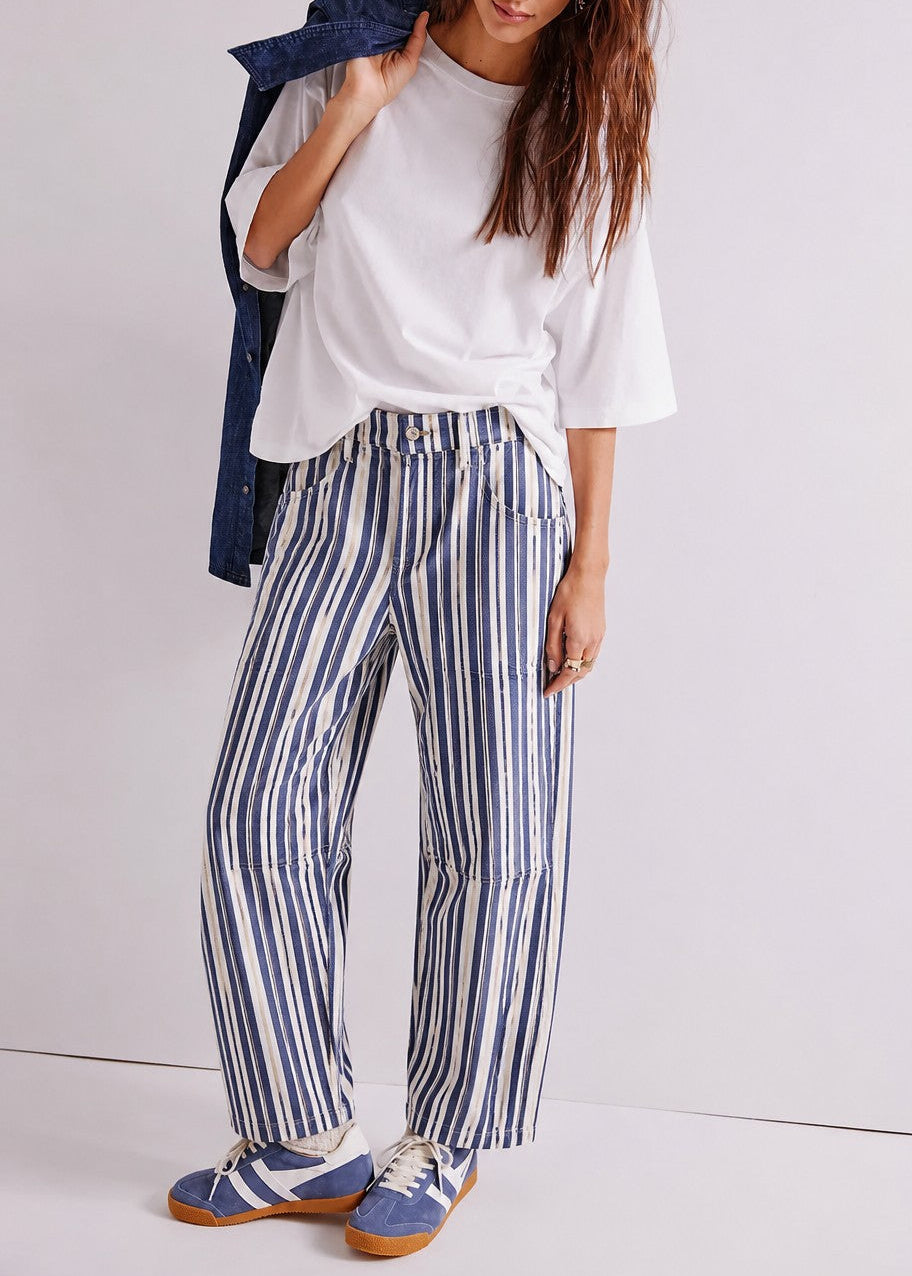 Good Luck Barrel Jeans in Navy Stripe styled in a full outfit, front view