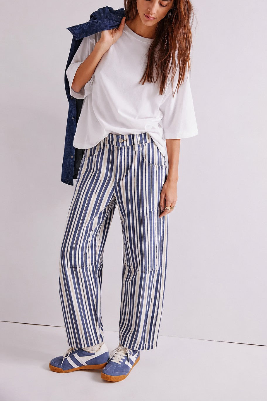 Good Luck Barrel Jeans in Navy Stripe styled in a full outfit, front view