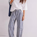 Good Luck Barrel Jeans in Navy Stripe styled in a full outfit, front view