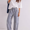 Good Luck Barrel Jeans in Navy Stripe styled in a full outfit, front view