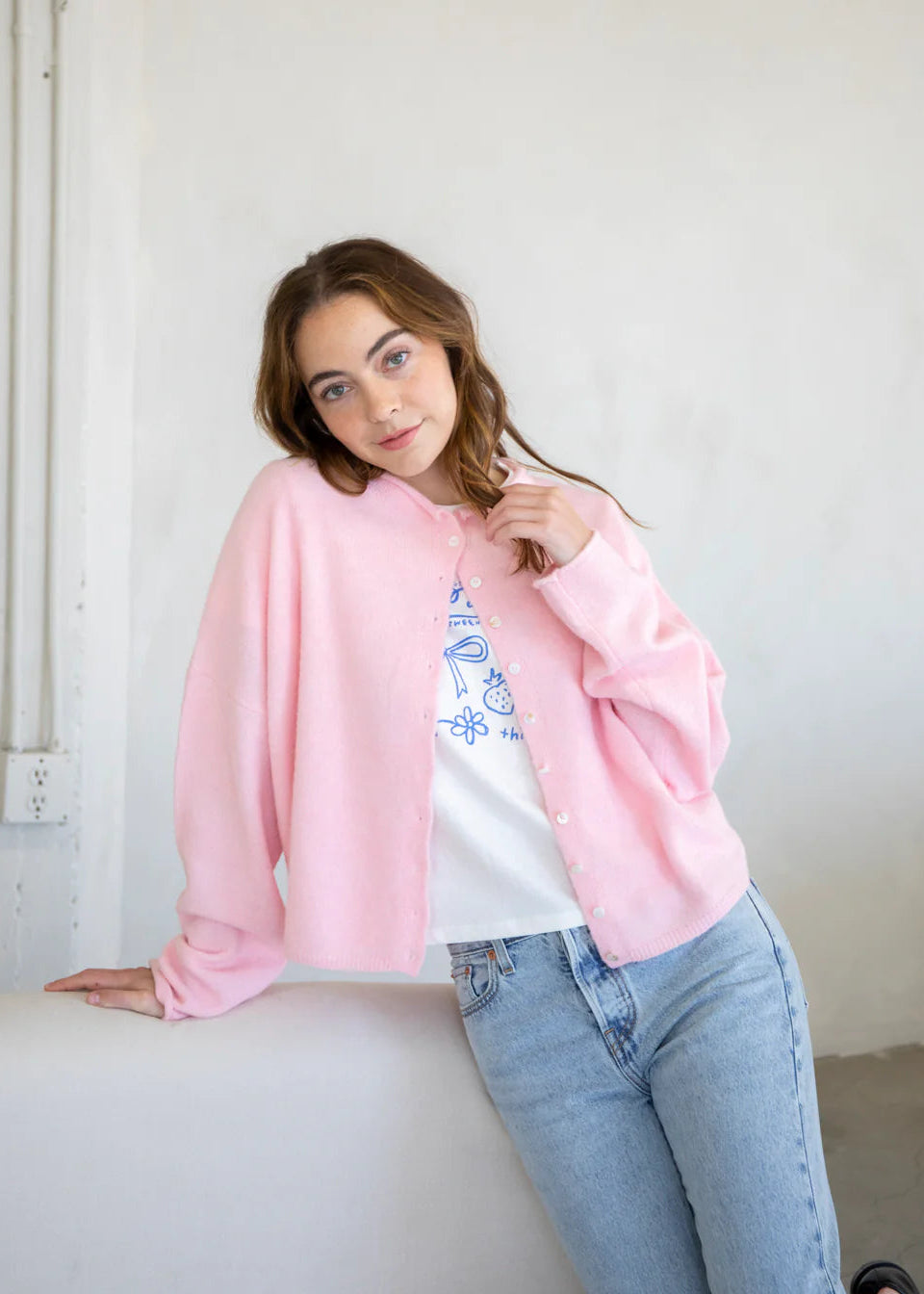 Things Between Piper Cardigan Baby Pink - lifestyle front view