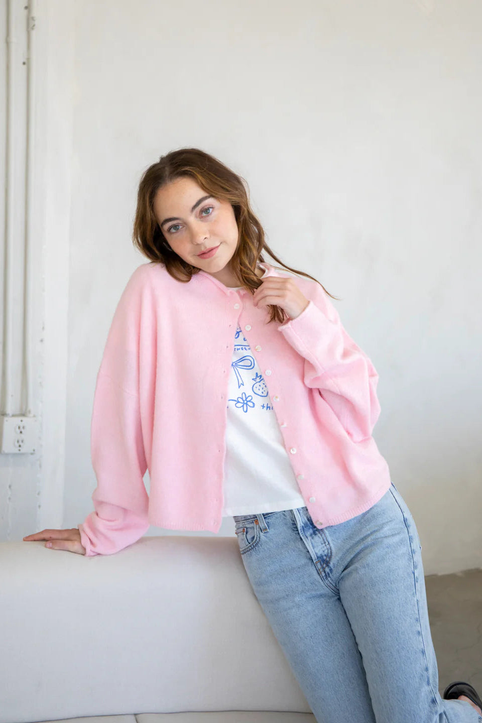 Things Between Piper Cardigan Baby Pink - lifestyle front view
