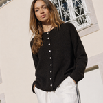 Black Hailey Button Down Cardigan front view, soft lightweight knit cardigan with button front and relaxed rolled edges
