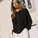 Black Hailey Button Down Cardigan front view, soft lightweight knit cardigan with button front and relaxed rolled edges