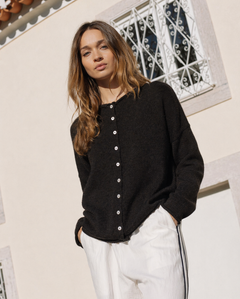 Black Hailey Button Down Cardigan front view, soft lightweight knit cardigan with button front and relaxed rolled edges