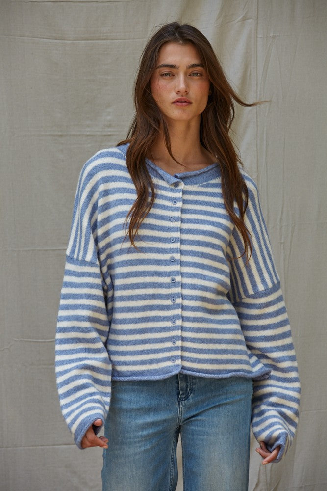 Hailey Button Down Cardigan in blue and ivory, front view
