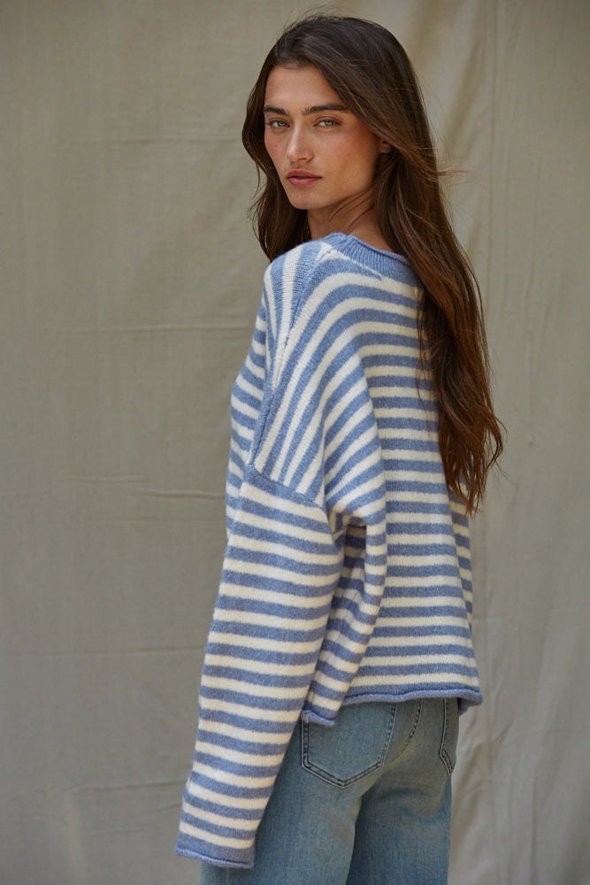 Side view of Hailey Button Down Cardigan in blue and ivory
