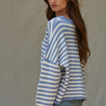 Side view of Hailey Button Down Cardigan in blue and ivory
