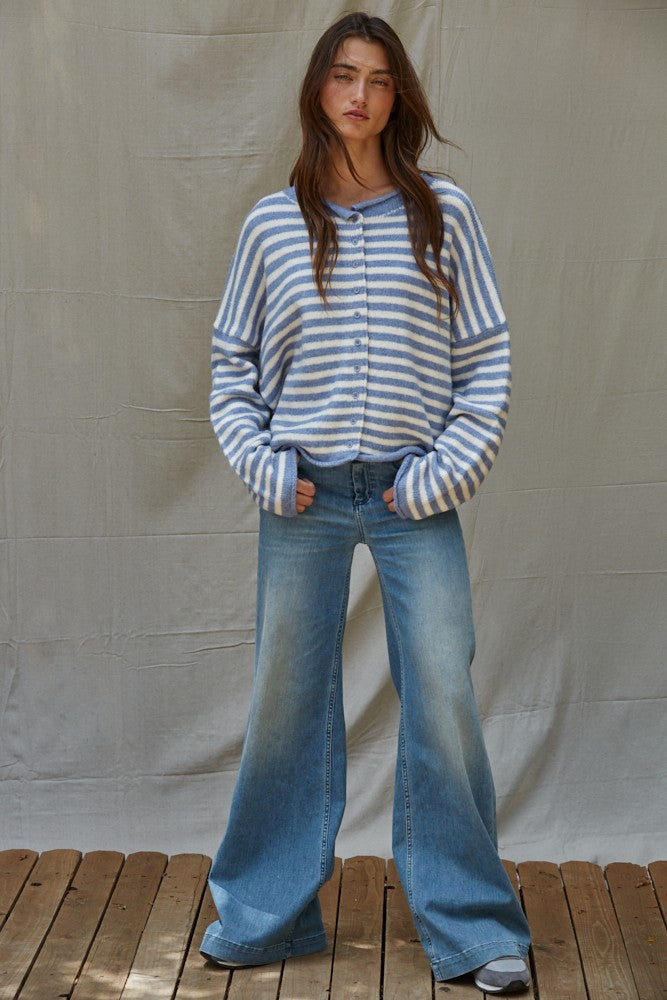 Hailey Button Down Cardigan blue and ivory styled with casual outfit
