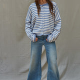 Hailey Button Down Cardigan blue and ivory styled with casual outfit
