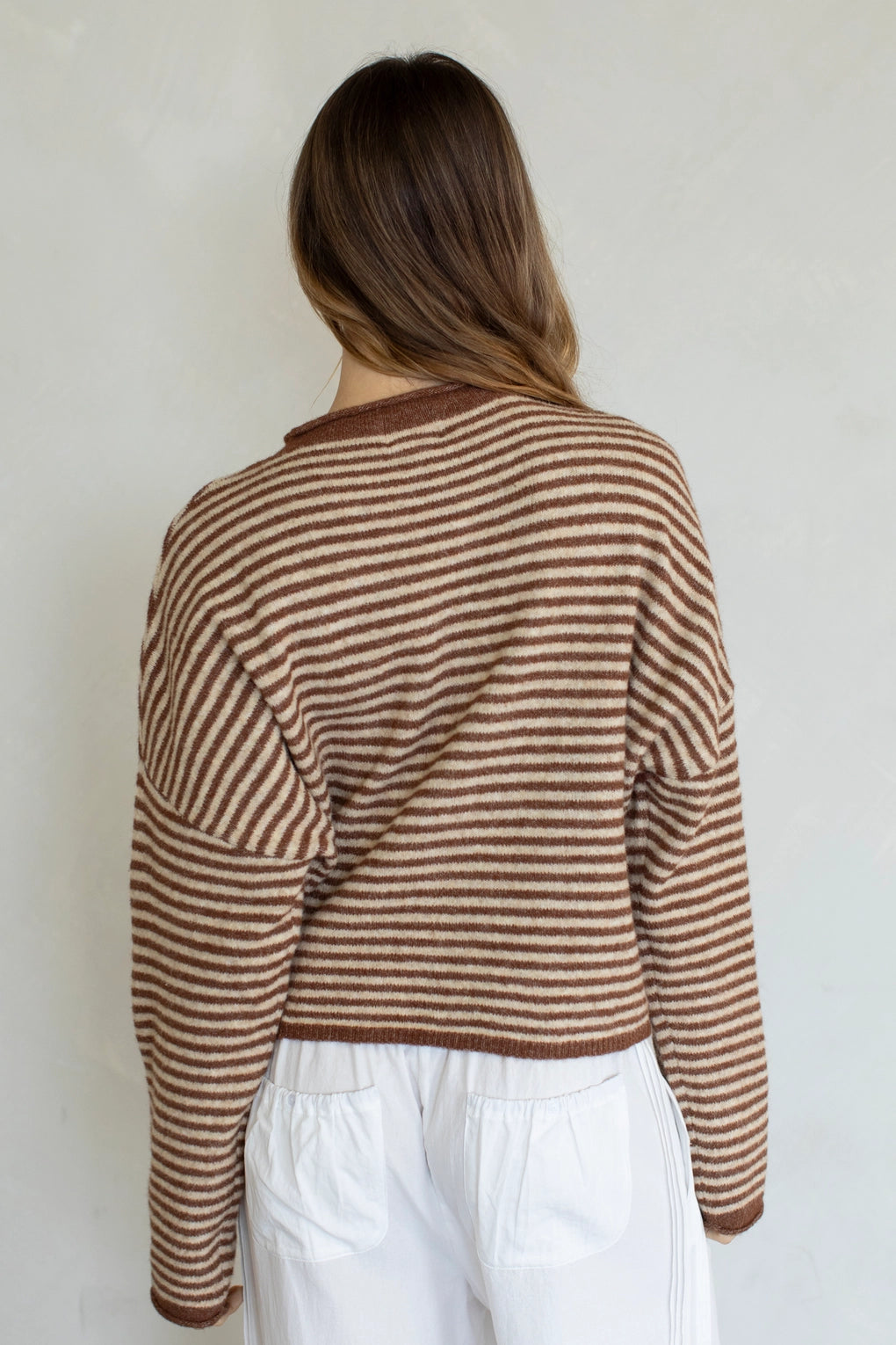 Hailey Button Down Cardigan - Brown mini striped