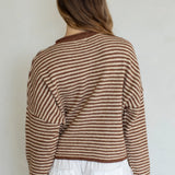 Hailey Button Down Cardigan - Brown mini striped