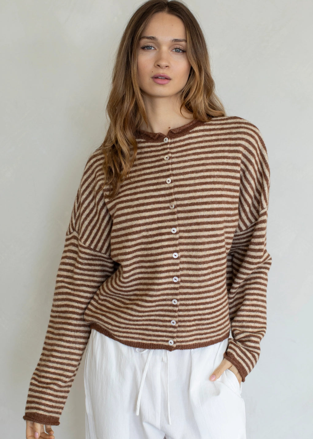 Things Between Piper Cardigan Mini Striped Brown - lifestyle front view