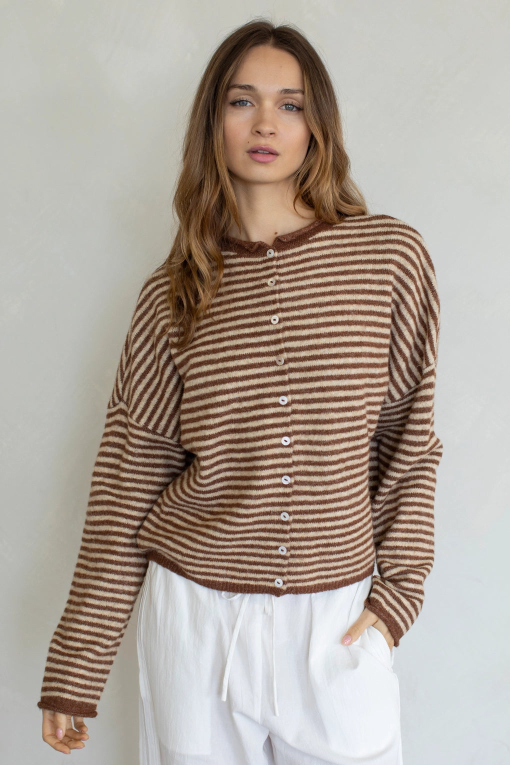 Hailey Button Down Cardigan in brown mini striped front view