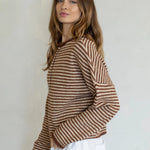 Hailey Button Down Cardigan in brown mini striped side view