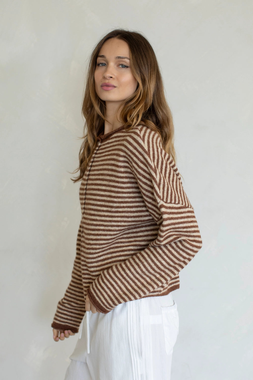 Hailey Button Down Cardigan in brown mini striped side view