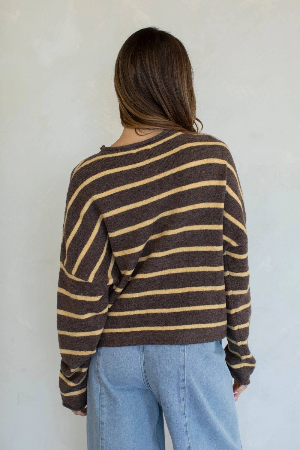 Hailey Button Down Cardigan in Cabana Stripe Brown-Orange, back view