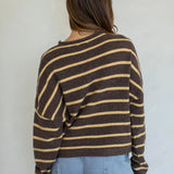 Hailey Button Down Cardigan in Cabana Stripe Brown-Orange, back view