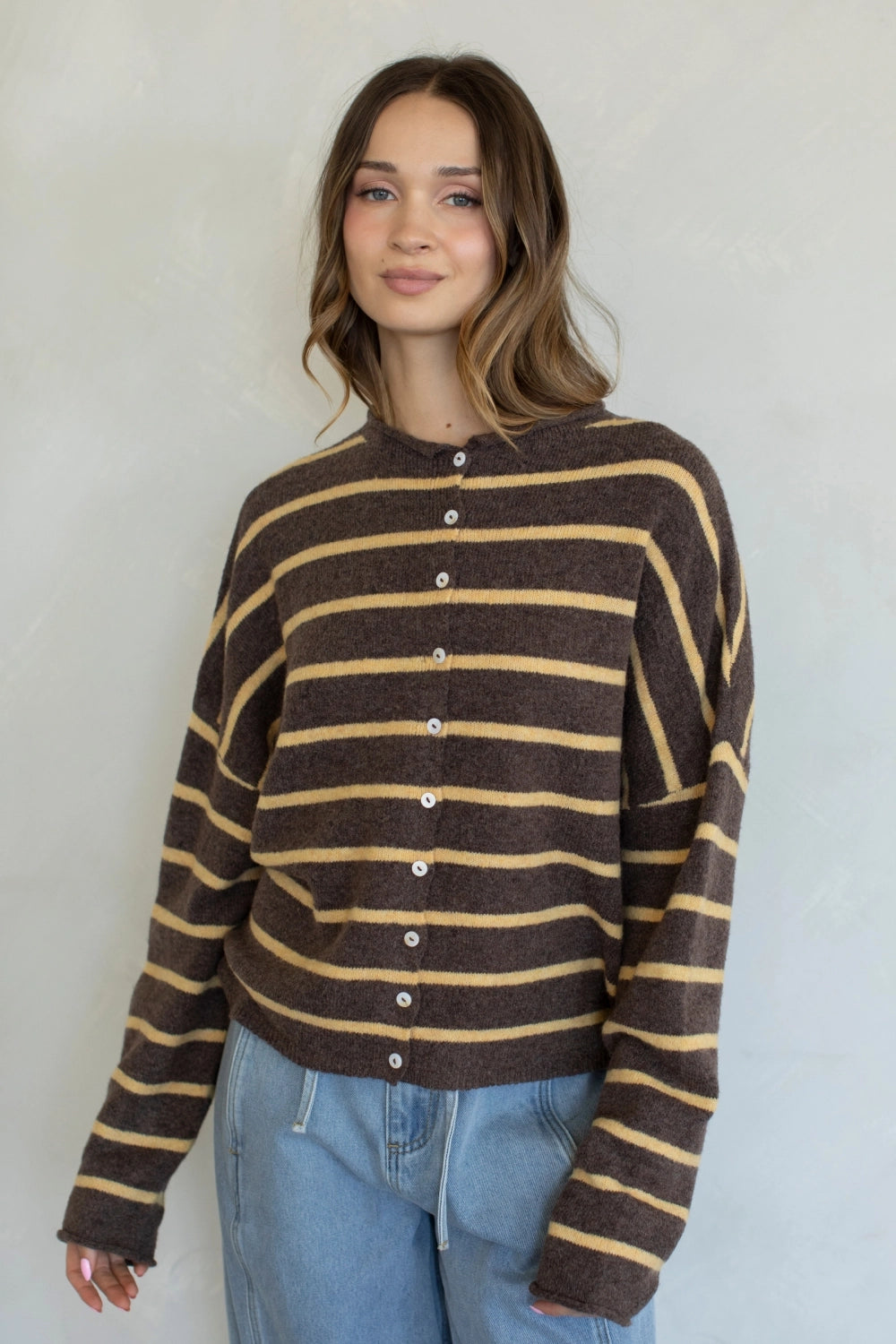 Hailey Button Down Cardigan in Cabana Stripe Brown-Orange, front view