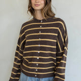 Hailey Button Down Cardigan in Cabana Stripe Brown-Orange, front view