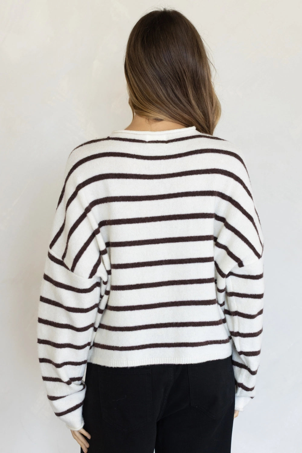 Hailey Button Down Cardigan in Cabana Stripe Cream-Brown, back view