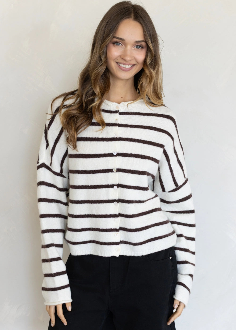 Things Between Piper Cardigan Cabana Stripe Cream Brown, front view