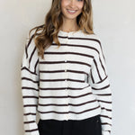 Hailey Button Down Cardigan in Cabana Stripe Cream-Brown, front view