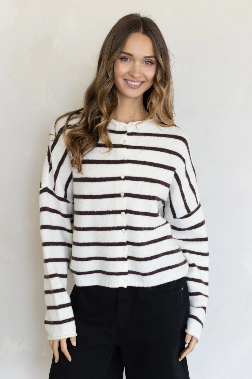 Hailey Button Down Cardigan in Cabana Stripe Cream-Brown, front view