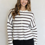Hailey Button Down Cardigan in Cabana Stripe Cream-Brown, front view